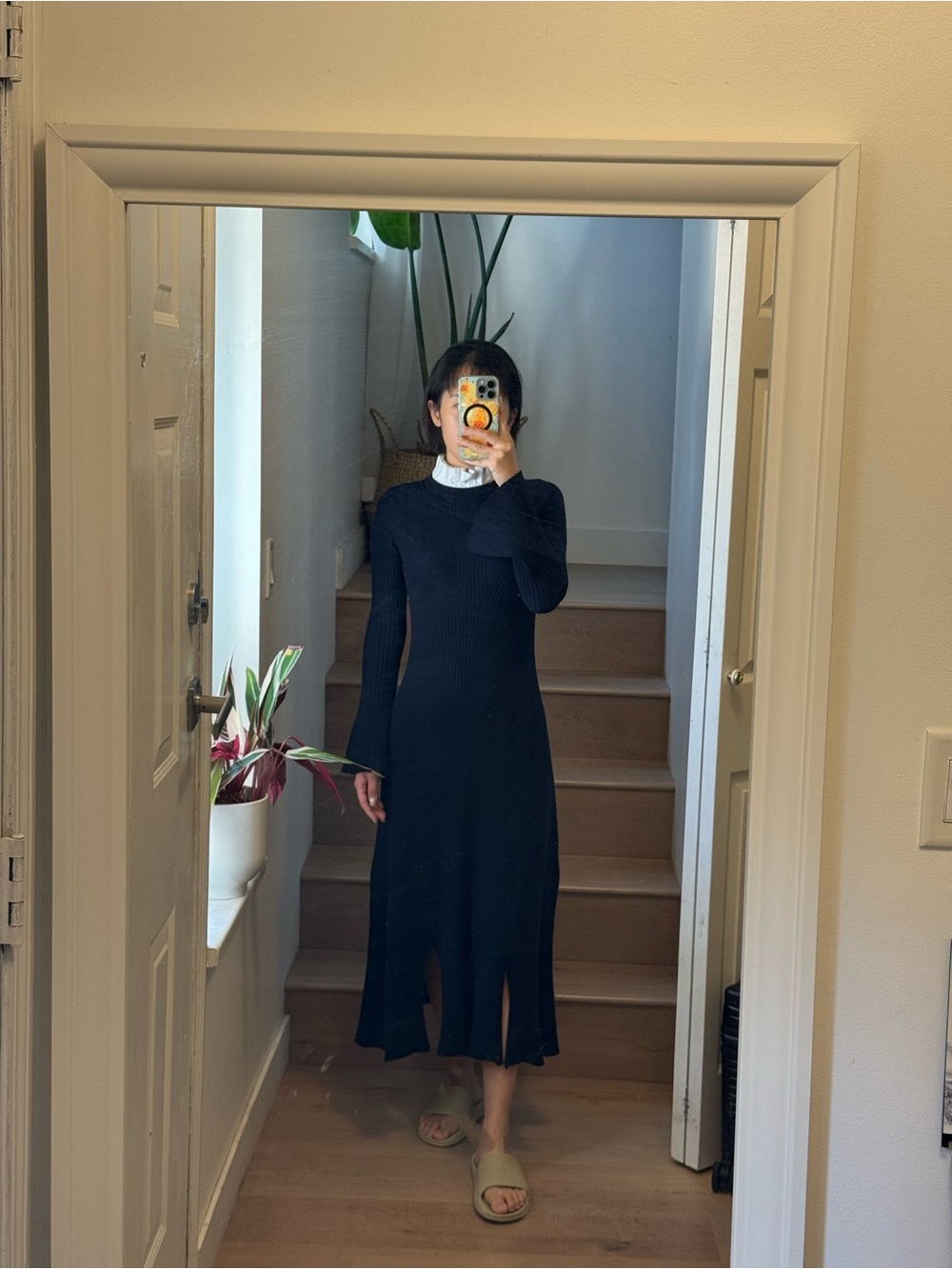 Sandro Navy Ribbed Maxi Dress with Long Sleeves